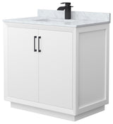 Strada 36" Single Vanity in White, White Carrara Marble Top, Sink, Black Trim