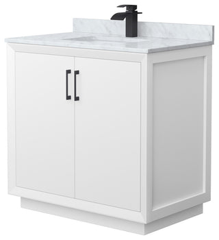 Strada 36" Single Vanity in White, White Carrara Marble Top, Sink, Black Trim