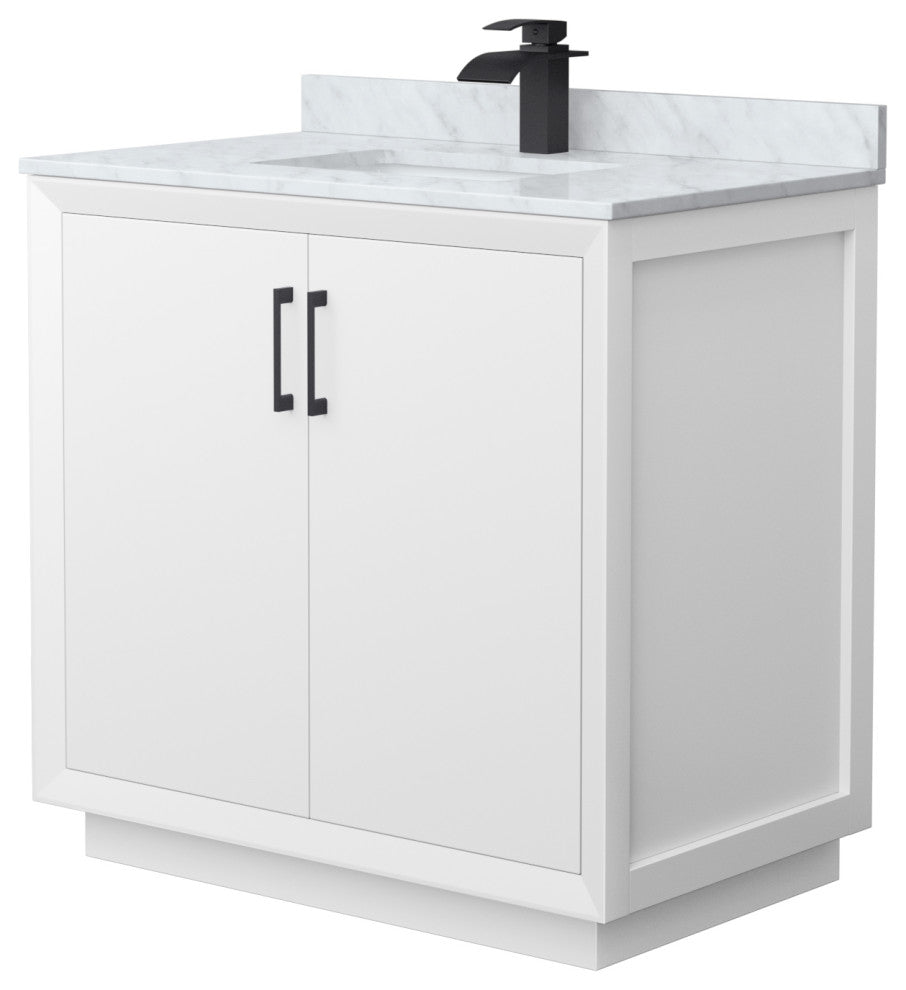 Strada 36" Single Vanity in White, White Carrara Marble Top, Sink, Black Trim