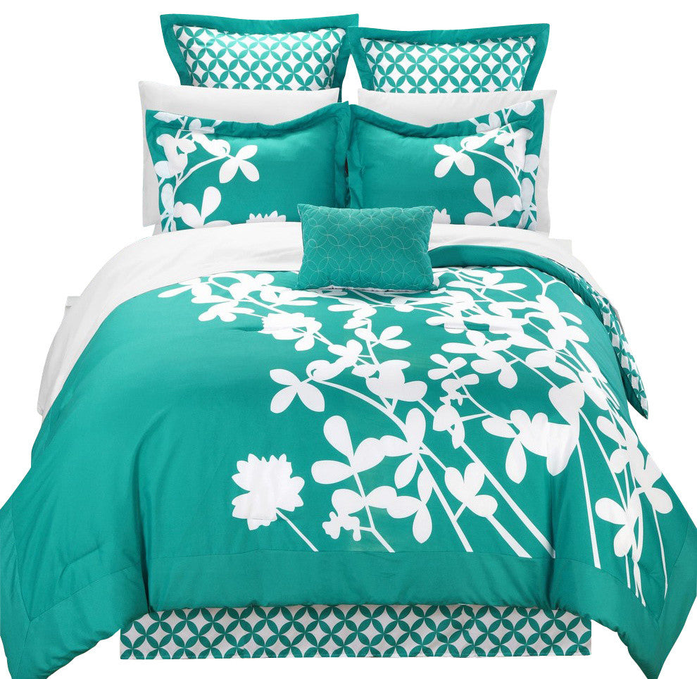 Iris Turquoise And White King 11-Piece Comforter Bed In A Bag Set