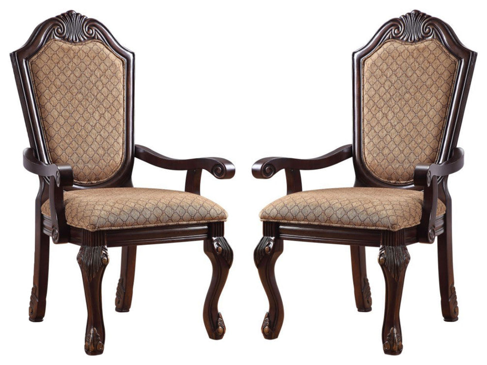 Set of 2 Upholstered Arm Chair, Brown/Espresso Finish