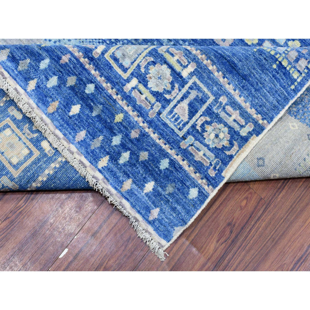 Denim Blue Afghan Kashkuli Gabbeh Design Pure Wool Hand Knotted Rug, 10'2"x13'7"