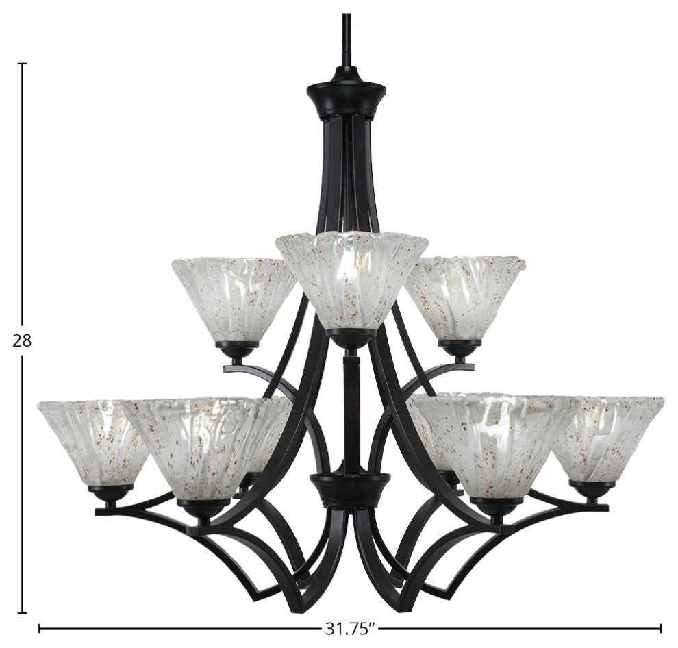 Zilo 9 Light Chandelier, Matte Black, 7" Italian Ice Glass