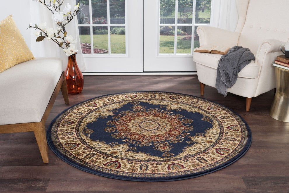 Fiona Traditional Oriental Navy Round Area Rug, 5' Round