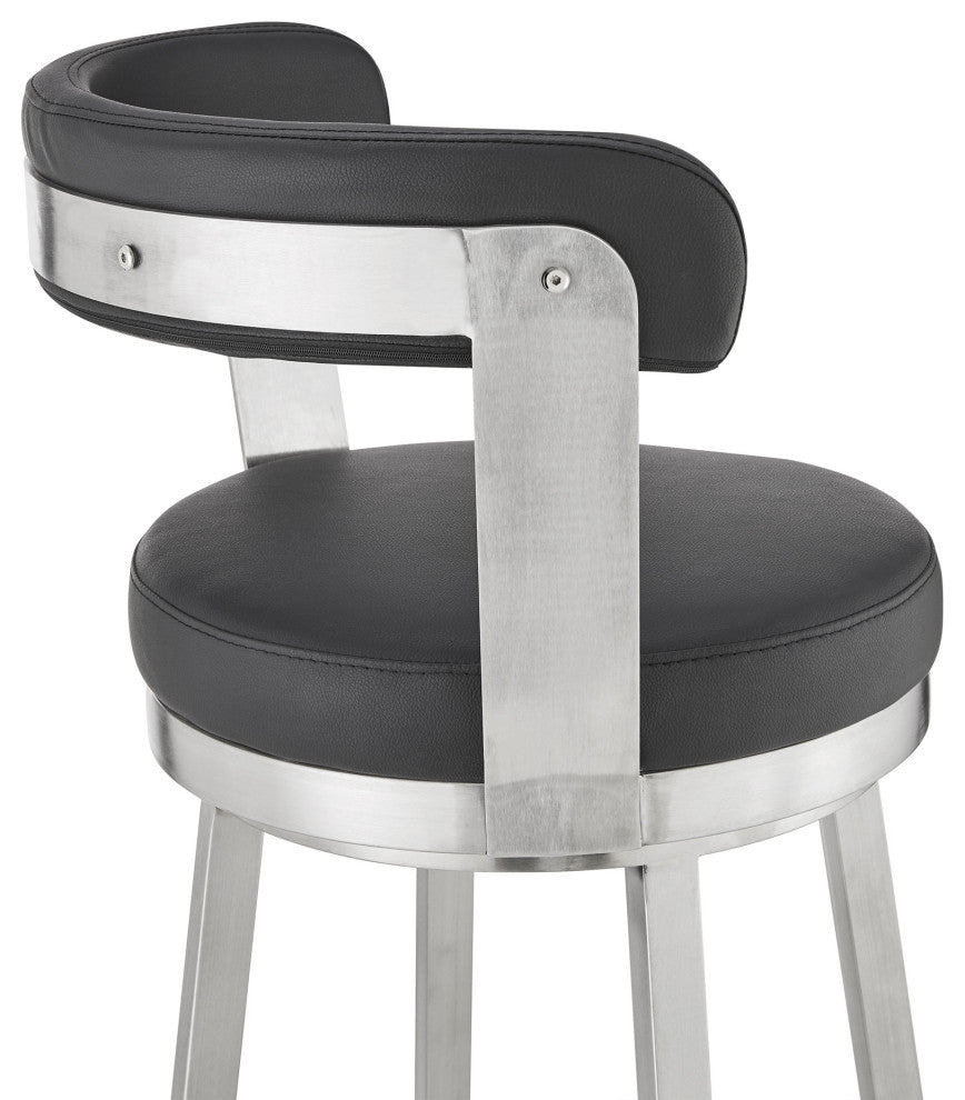 30" Chic Black Faux Leather With Stainless Steel Finish Swivel Bar Stool
