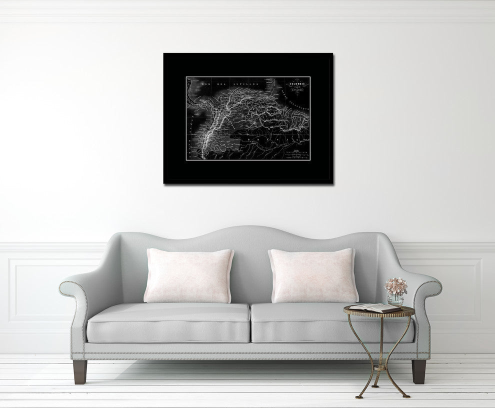 Columbia Venezuela Guianna Monochrome Map Print On Canvas With Frame, 28" X 37"