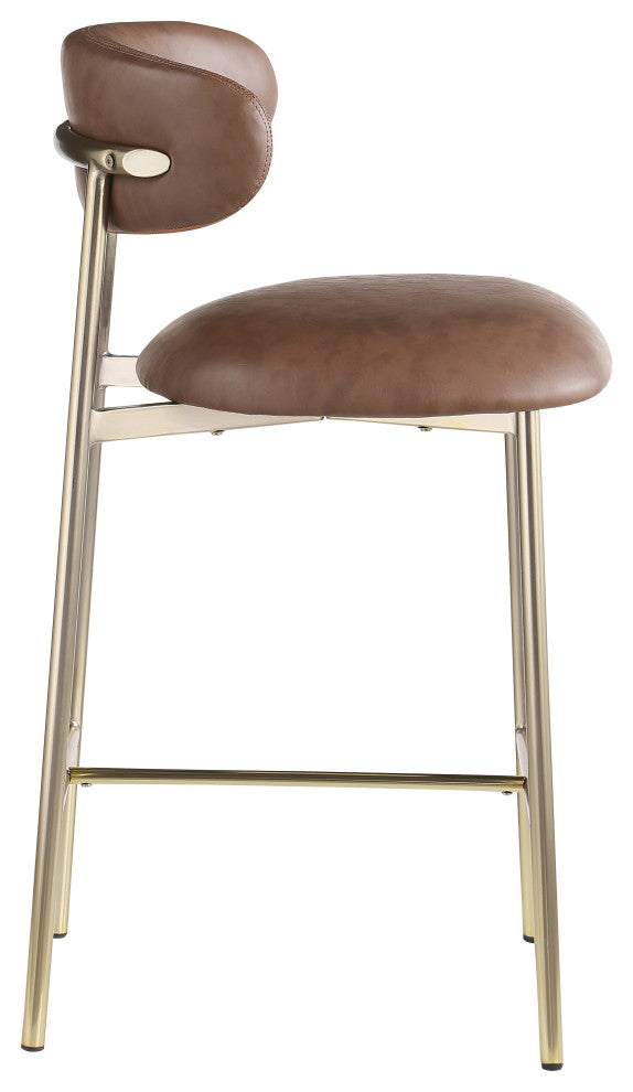 Lupita Upholstered Counter Stool, Brown, Vegan Leather, Brushed Gold, Set of 2