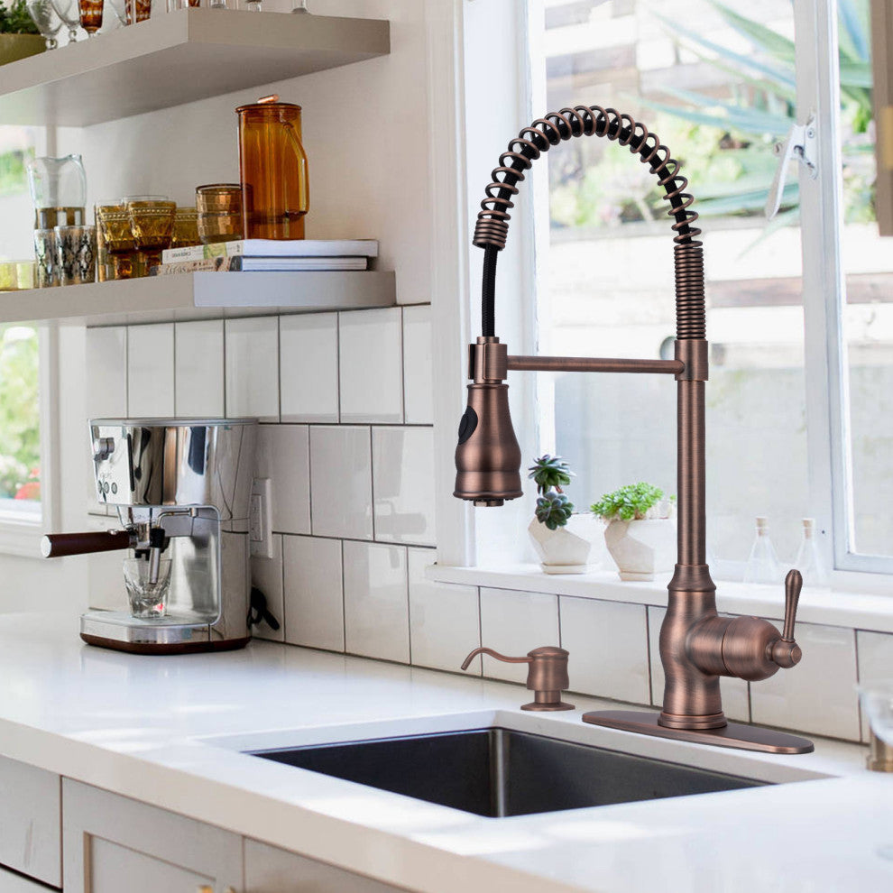 Copper Pre-Rinse Spring Kitchen Faucet with Pull Down Sprayer, American Bronze