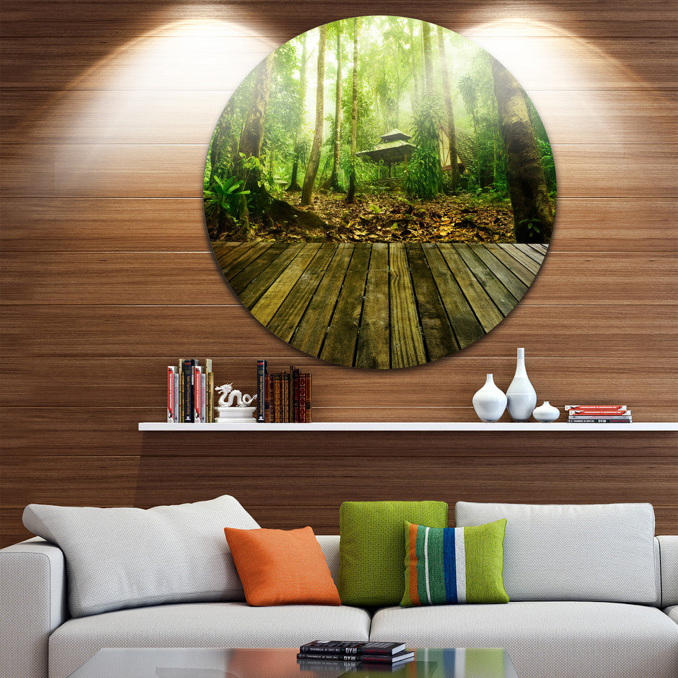 Wooden Platform In Green Forest, Landscape Round Metal Wall Art, 23"