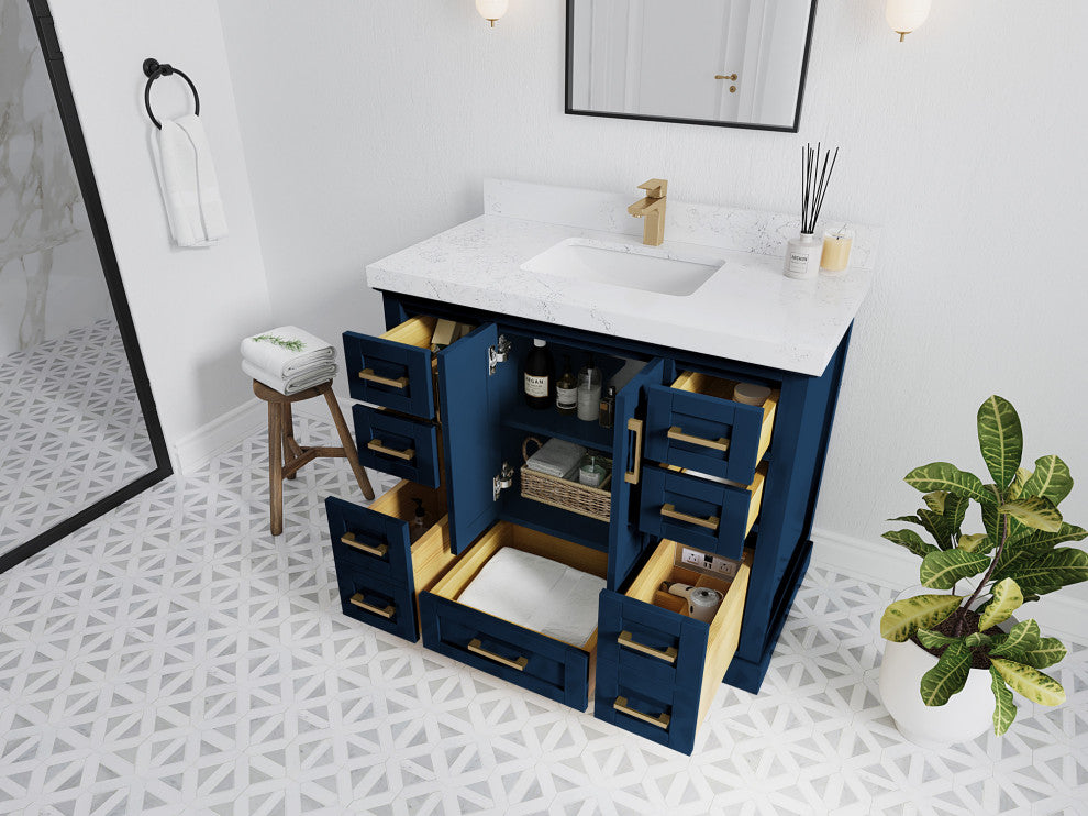 Boston 42 Single Sink Bath Vanity in Navy Blue 2" Carrara Marble