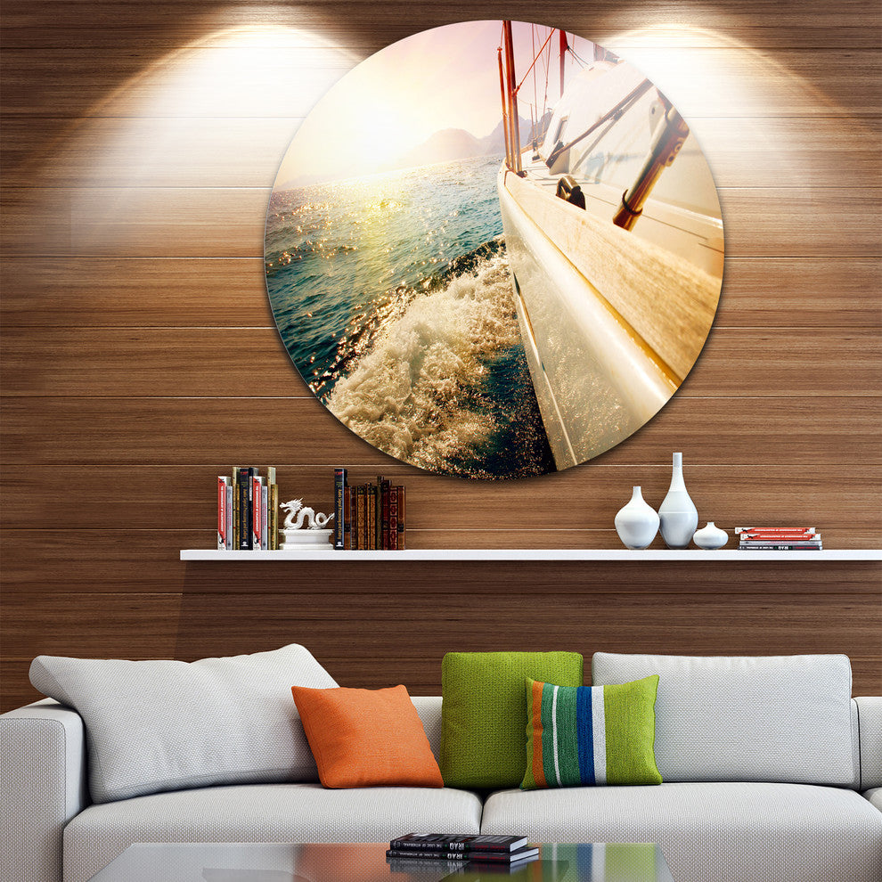 Huge Yacht Sailing Against Sunset, Sea Pier Disc Metal Wall Art, 11"