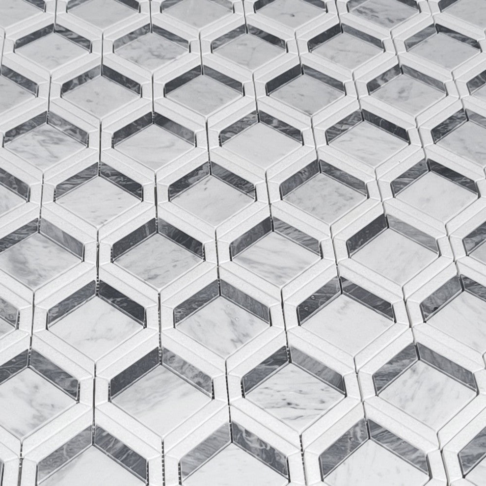Carrara White Marble Illusion 3D Square Geometry Mosaic Tile White, 1 sheet