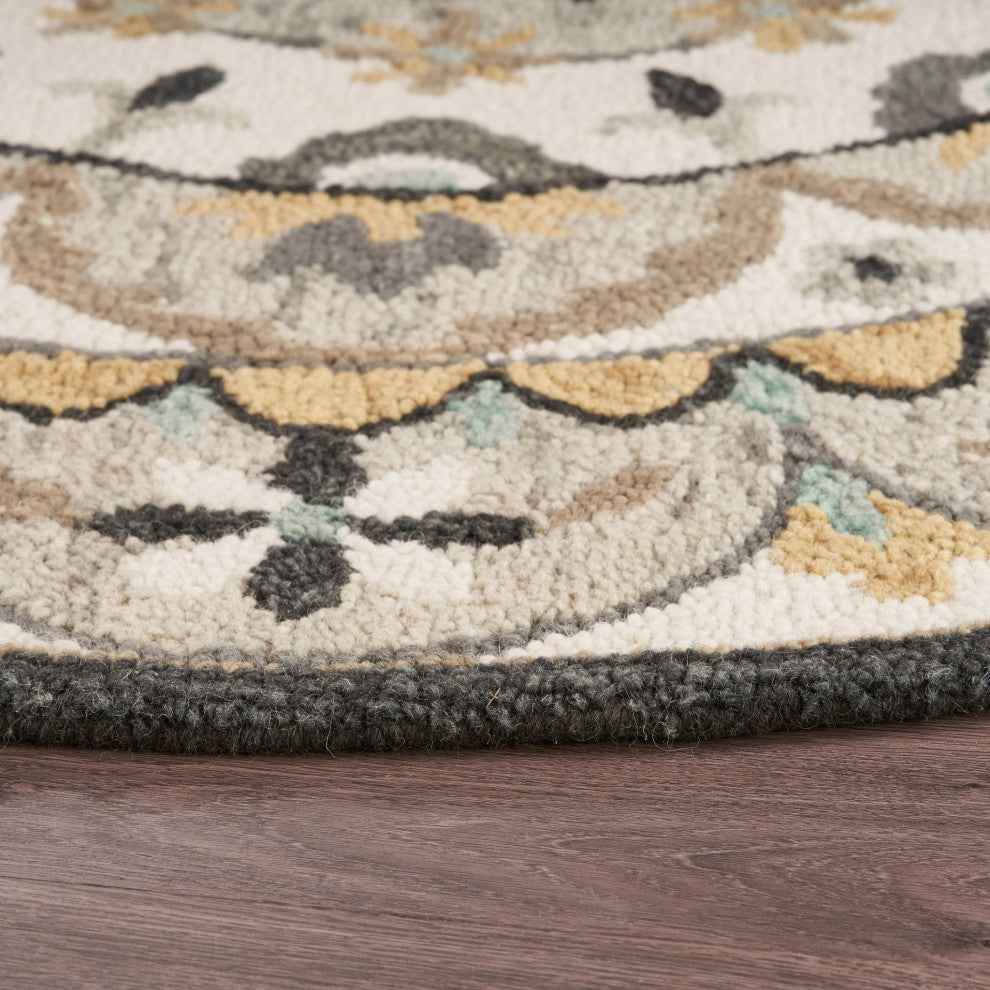 6" Round Gray and Ivory Floral Bloom Area Rug