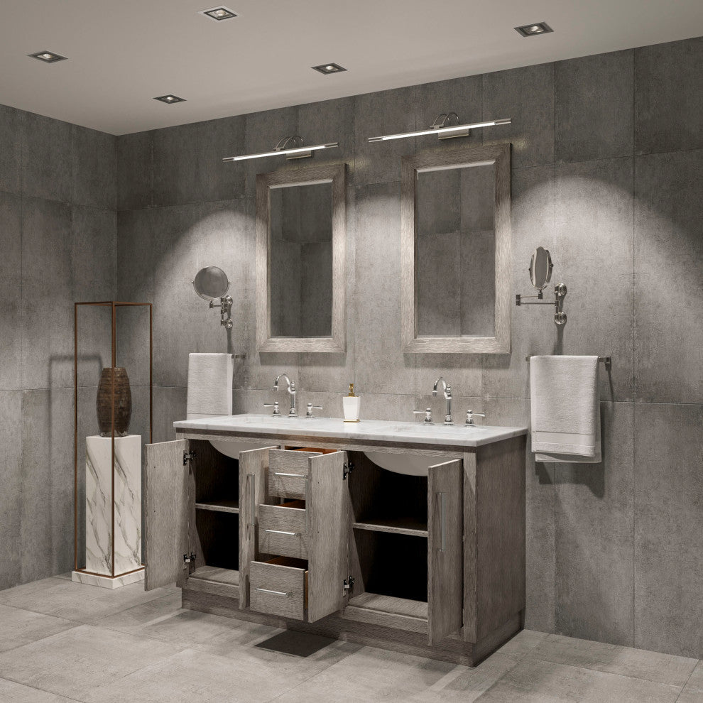 Hugo 60 Double Sink White Marble Countertop Vanity, Gray Oak With Mirrors