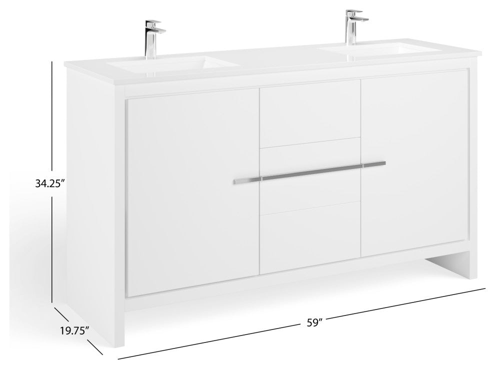 Esconde Bath Vanity, High Gloss White, 60", Double Sink, Freestanding