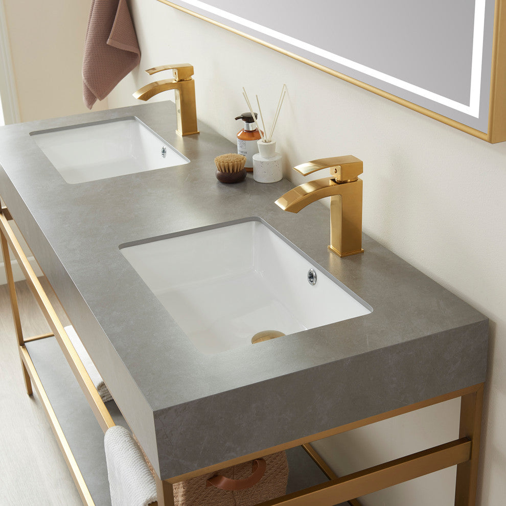 Funes Bath Vanity with Mirror, Brushed Gold Support, 60" Double Sink, Grey Stone Top