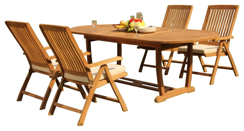5-Piece Outdoor Teak Dining Set: 94" Masc Oval Table & 4 Marley Reclining Chairs