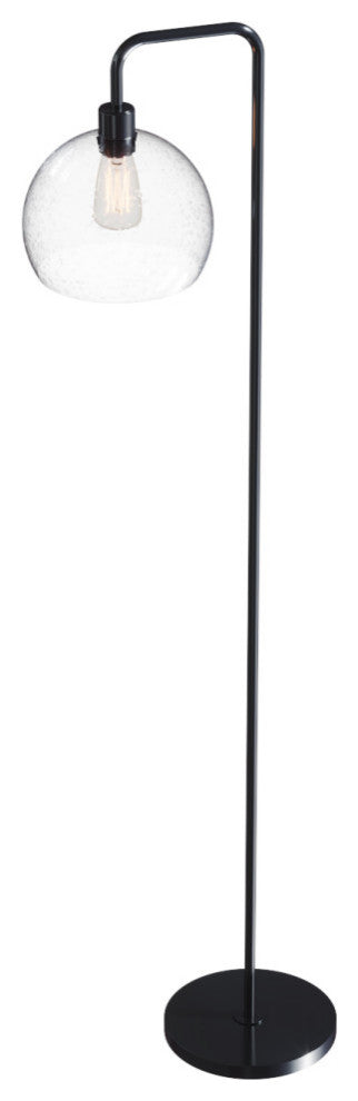 61.5" Oil Bronze Floor Lamp, Slim-line Arched Design, Clear Seeded Glass Shade