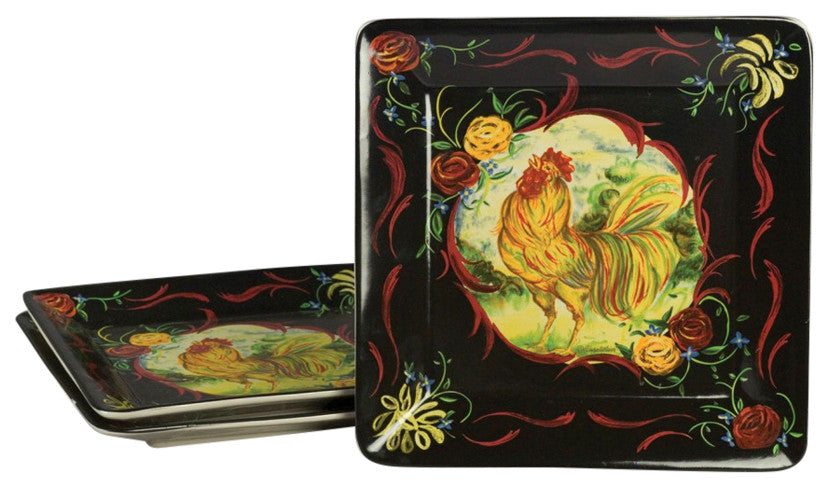 Porcelain Square Rooster Plate, Black