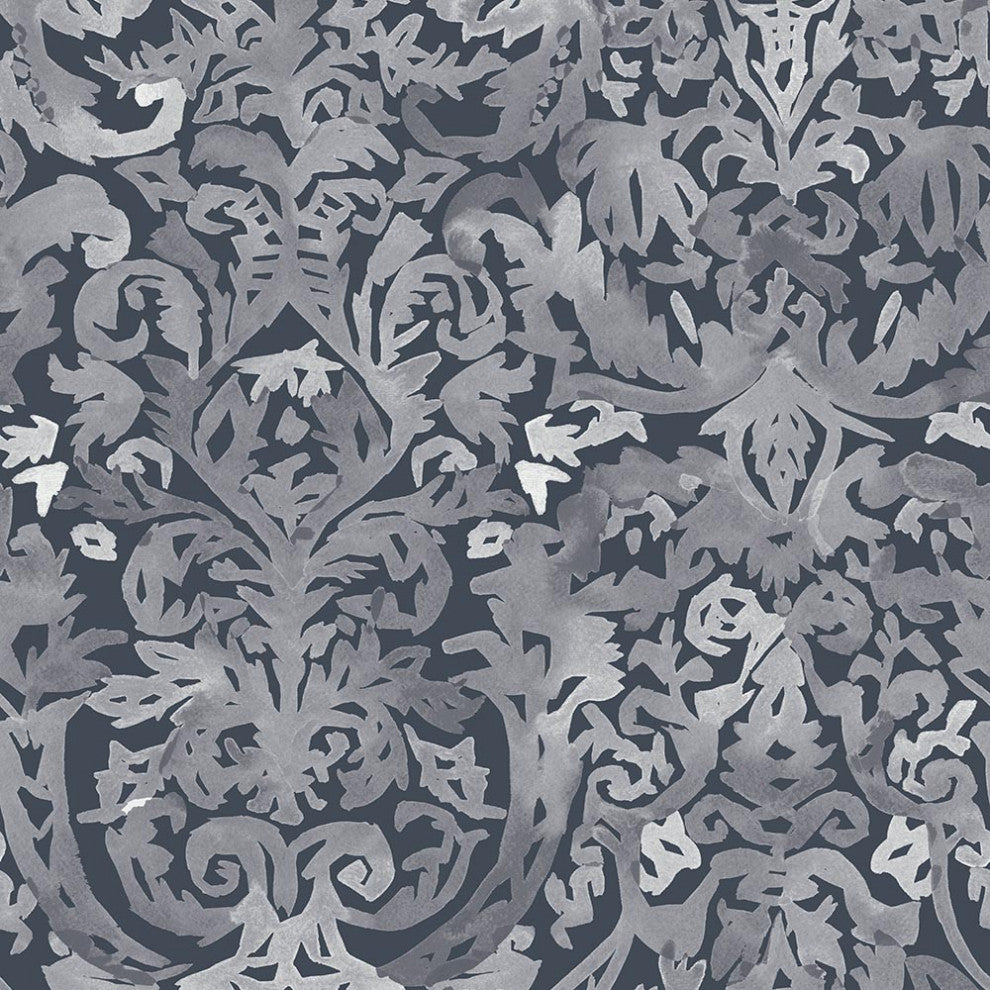 Antique Damask Wallcovering, Blue, Roll, Traditional