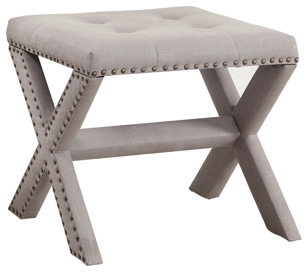 Linen Blend Accent Bench With Champagne Nail Heads, Neutral Gray