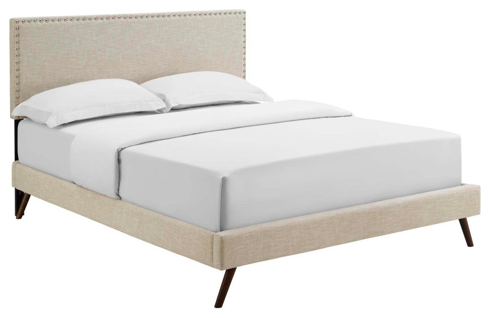 Modway Macie Queen Platform Bed With Round Splayed Legs, Beige