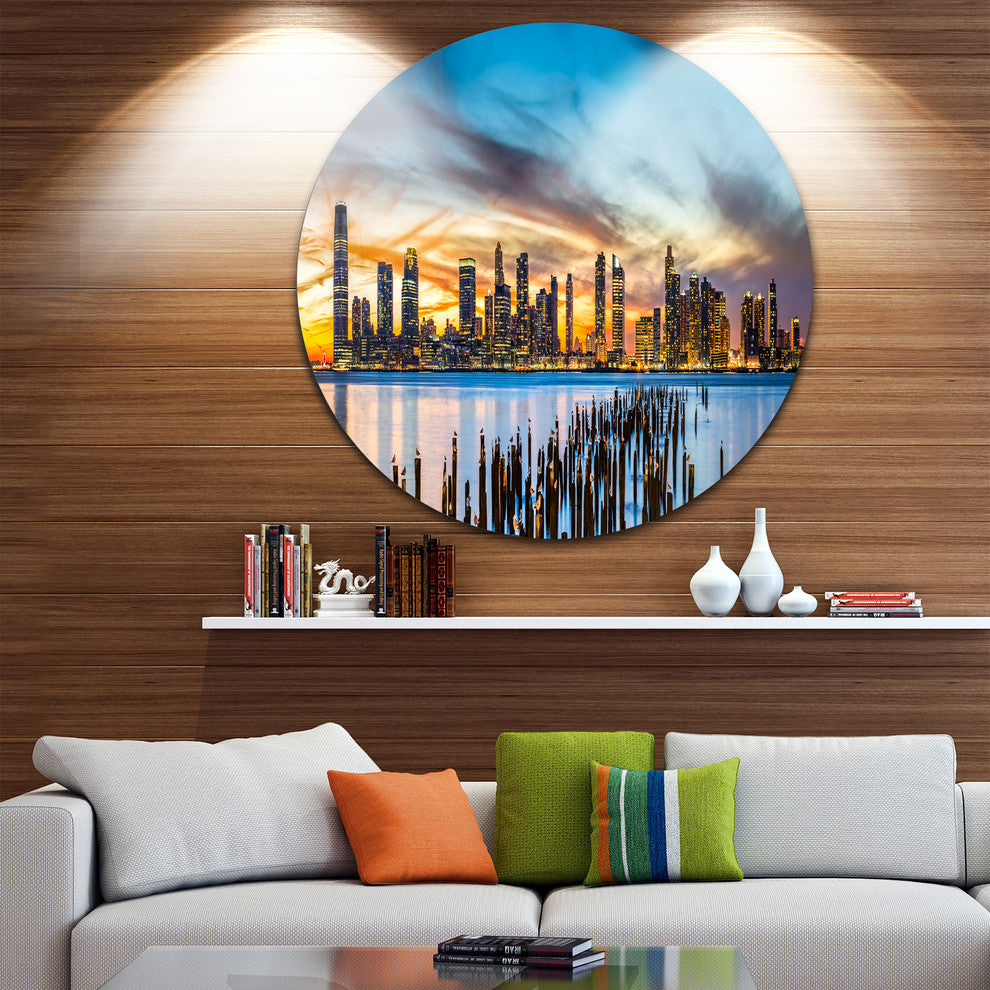 Jersey City Panorama At Sunset, Cityscape Disc Metal Wall Art, 38"