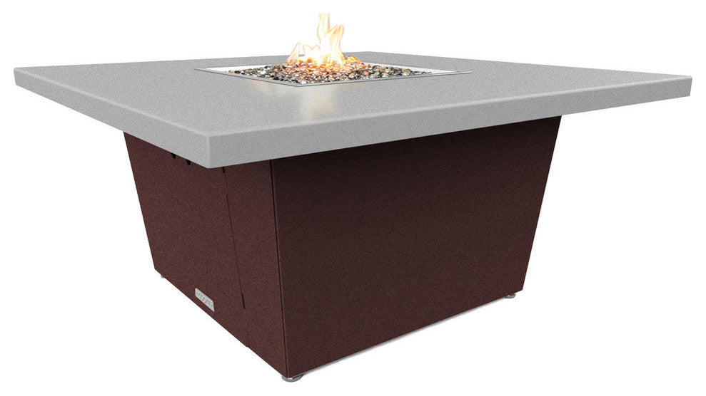Square Fire Pit Table, 44"x44", Chat Height, Propane, Hilltop Gray Top, Dark Cherry