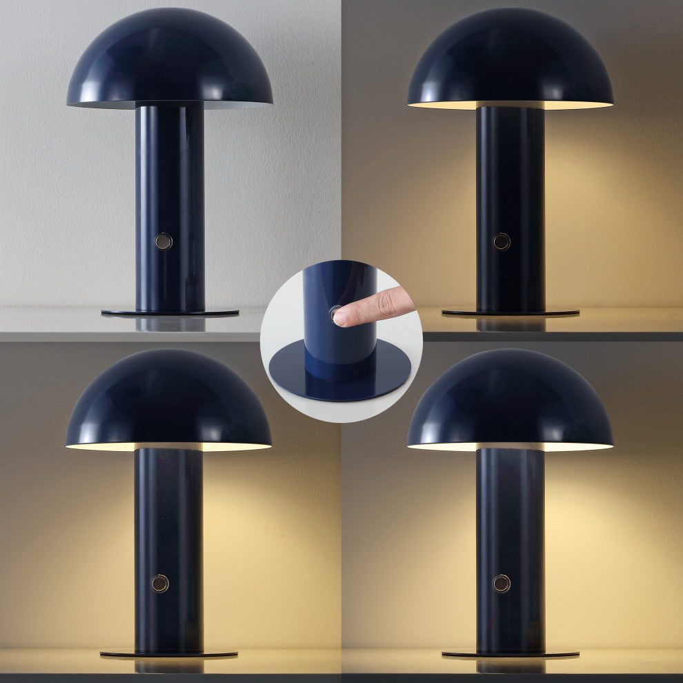 Boletus 10.75" Rechargeable/Cordless Iron LED Mushroom Table Lamp, Navy