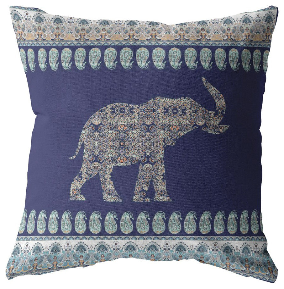 18" Navy Ornate Elephant Suede Throw Pillow