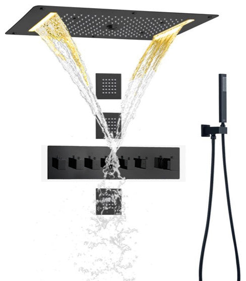 Gela Thermostatic Matte Black LED Rainfall Shower System With Handheld Shower