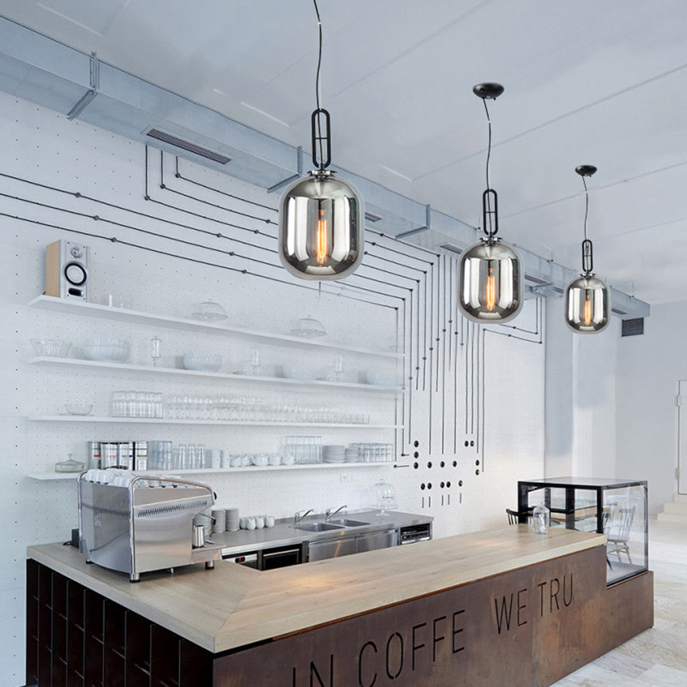 Glass Single Pendant Light With Matte Black Frame, Smoke