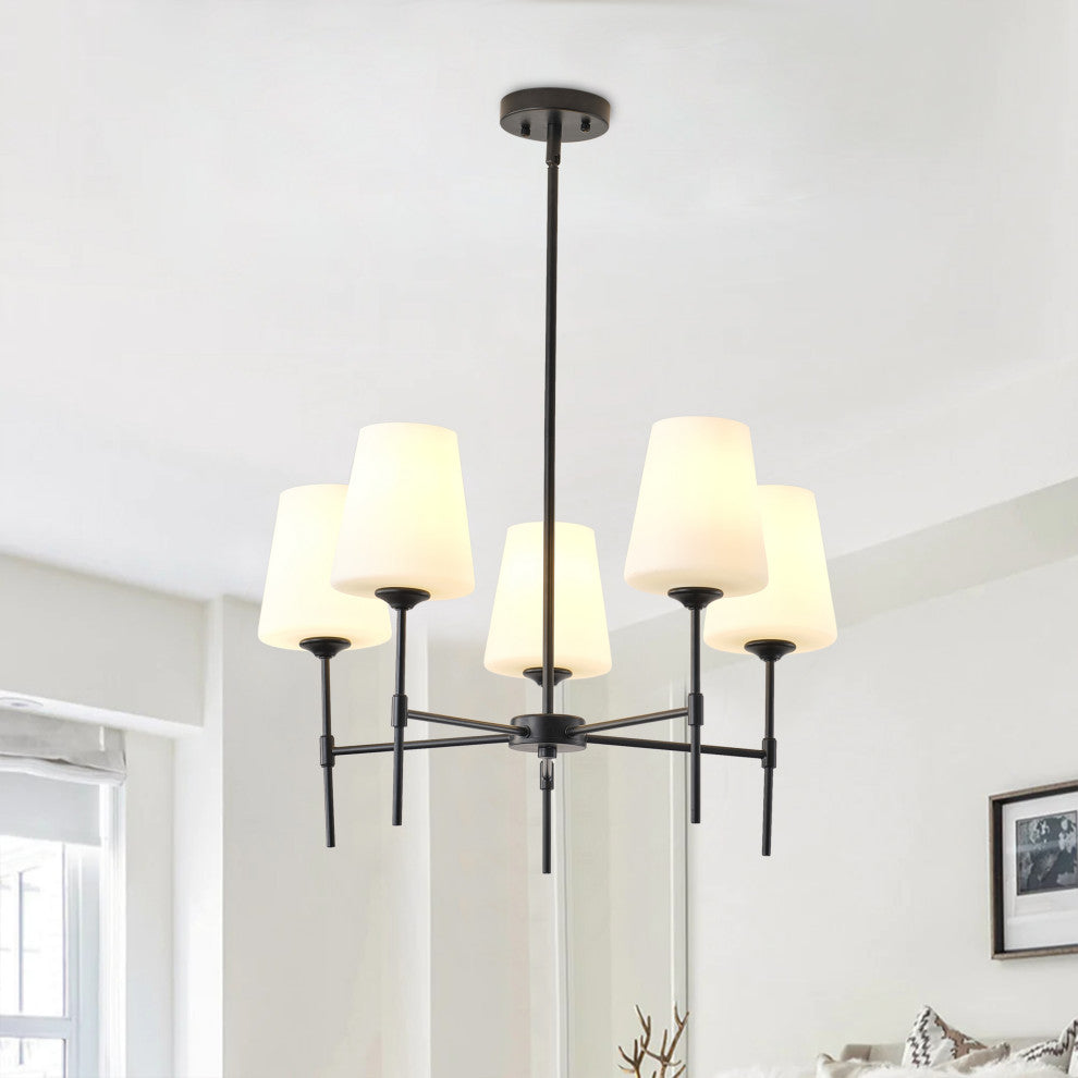 Black 5-Light Kitchen Island Chandelier with White Glass Shades