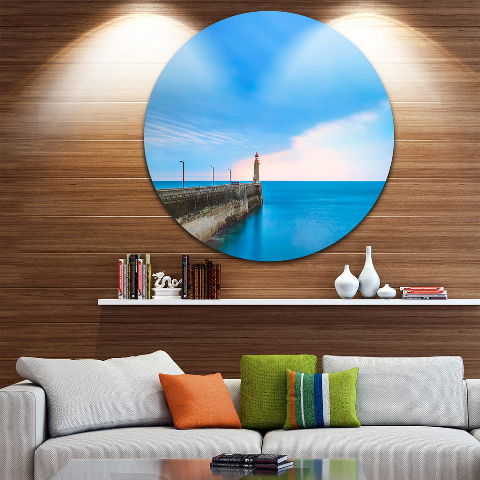 Pier And Lightour In Sunset, Seascape Photo Round Wall Art, 11"
