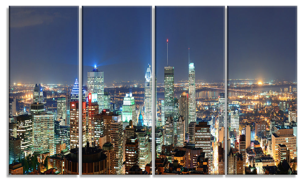 Montreal at Dusk Panorama, Landscape Canvas Art Print, 48"x28", 4 Panels