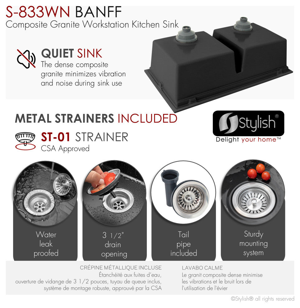 33" Dual Mount Workstation Double Bowl Black Granite Kitchen Sink