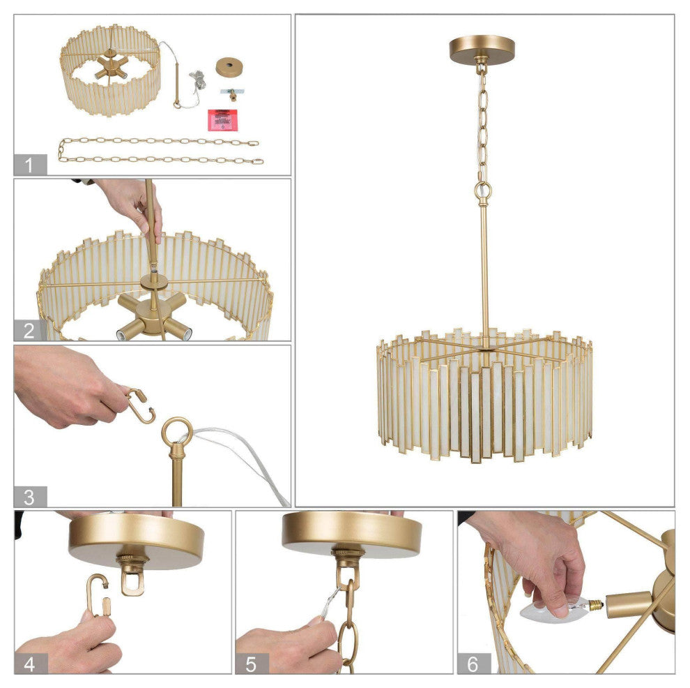 LNC Tiffany 4-Light Modern Drum Glass Chandelier, Gold