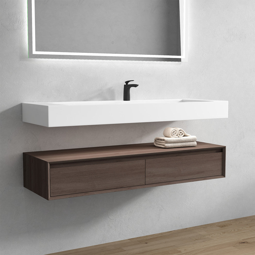Alysa 60" Floating Bath Vanity, Acrylic Sink/Single Faucet Hole, Red Oak
