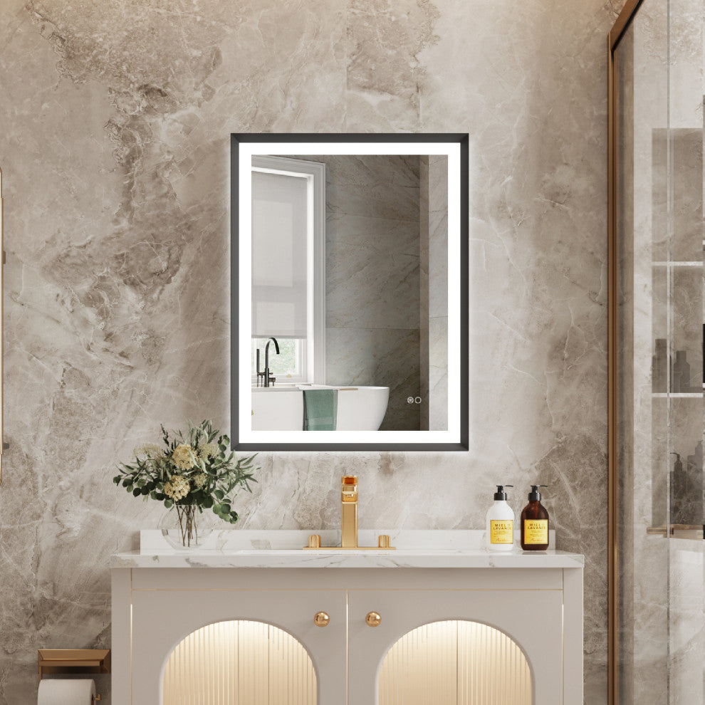 Beveled Bathroom LED Mirror Framed, Backlit and Front Light, Matte Black, 24"x32"