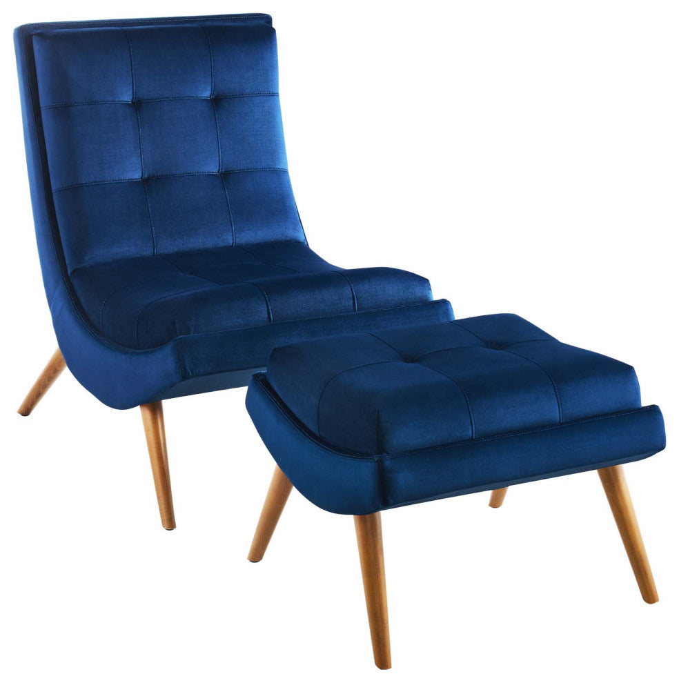 Ramp Upholstered Performance Velvet Lounge Chair and Ottoman Set Navy