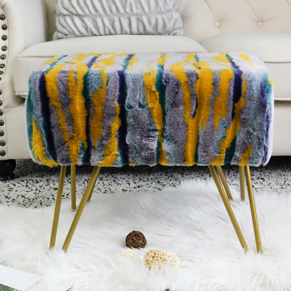 Multi Jacquard Faux Fur Ottoman, Teal, 19"x13"x7"