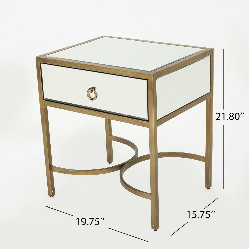 GDF Studio Siryen Modern Mirror Finished Side Table With Gold Iron Accents