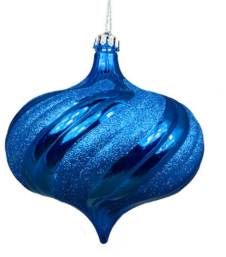 Glitter Swirl Shatterproof Onion Christmas Ornaments Shiny Lavish Blue, Set of 4