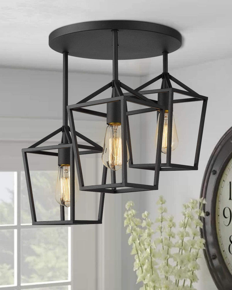 3 Light Black Ceiling Light, Metal Cage, Semi Flush Mount Light Fixture