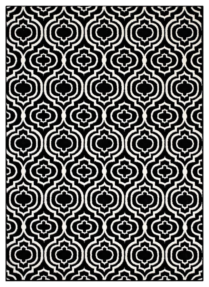 Black and White Frame Transitional Moroccan Trellis 5x8 Area Rug