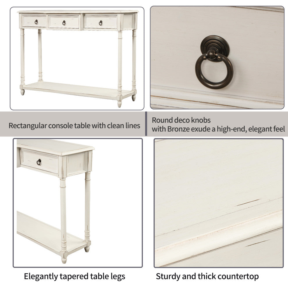 TATEUS 51inch Rustic Chic Console Table With Drawers for Living Room, Antique White