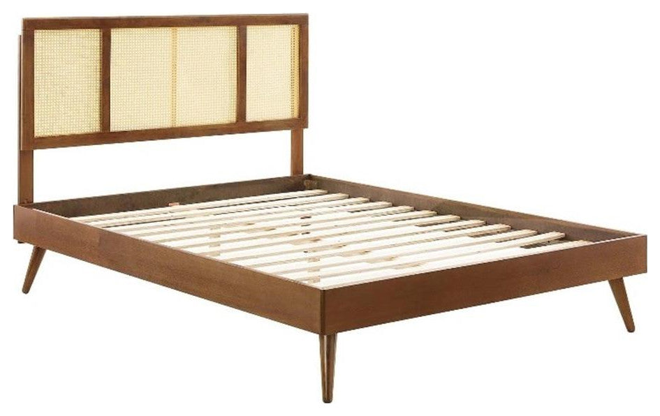 Kelsea Cane and Wood Full Platform Bed With Splayed Legs Walnut