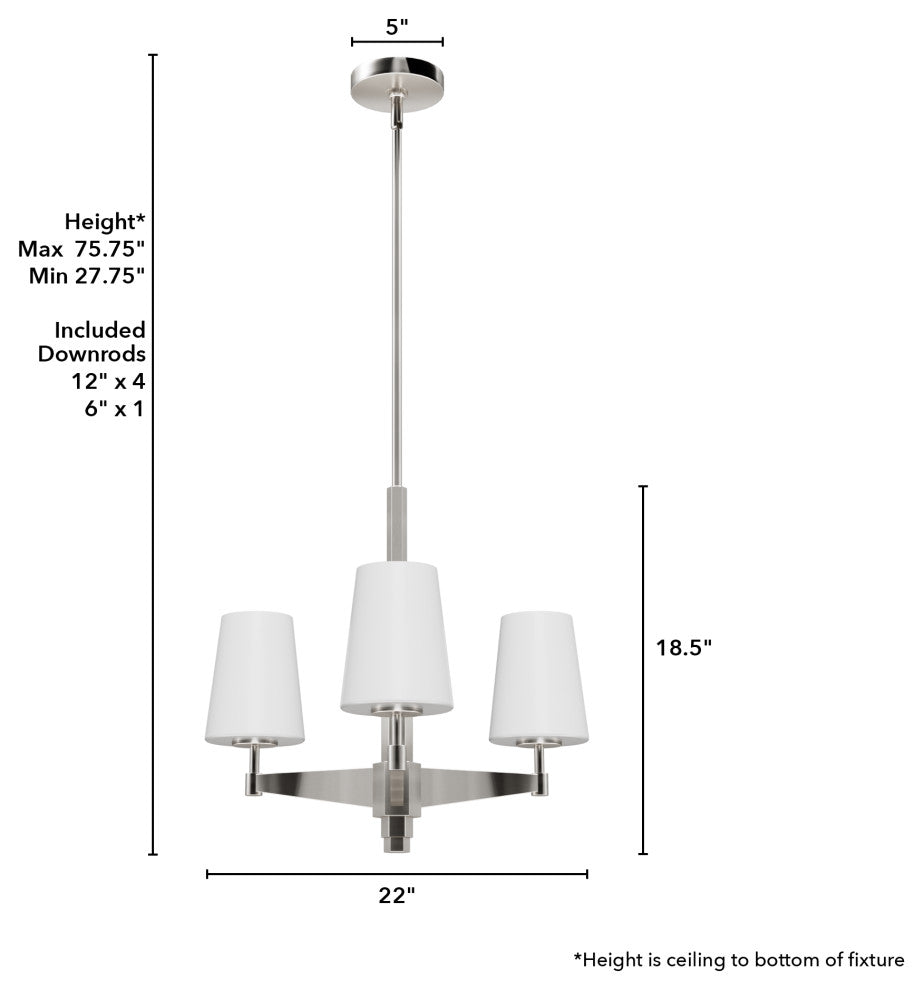 Nolita Brushed Nickel with Cased White Glass Glass 3 Light Chandelier Ceiling