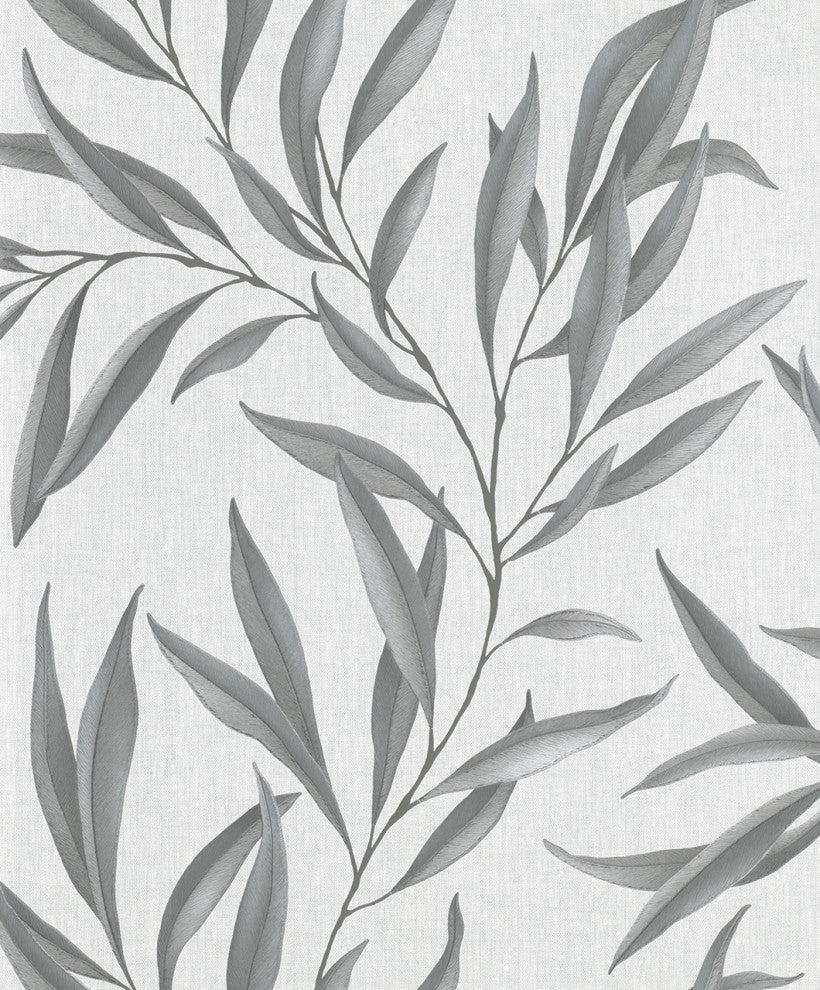Floral Textured Wallpaper, Leaves, White Gray Silver, One Roll