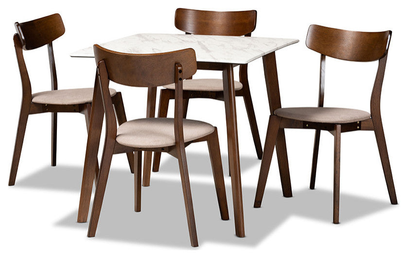 Loolas Mid-Century 5-Piece Dining Set With Faux Marble Table, Light Beige/Walnut